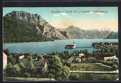 AK Gmunden, Panorama mit Schloss Ort u. Traunstein