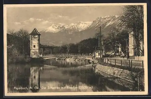 AK Payerbach, Schwarzapartie mit Brücke u. Raxalpe