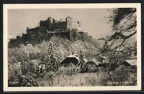 AK Salzburg, Blick auf die Veste Hohensalzburg im Winter