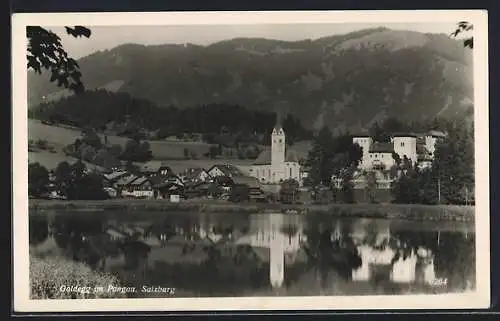 AK Goldegg im Pongau, Blick über die Salzach zum Ort hin mit der Pfarrkirche hl. Georg u. dem Schloss