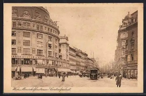 AK Wien, Mariahilfestrasse, Centralpalast, mit Strassenbahn