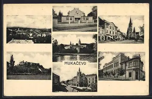 AK Mukacevo, Strassenpartie mit Kirche, Panorama, Blick zur Festung