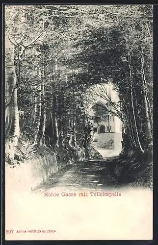 AK Küssnacht, Hohle Gasse mit Tellskapelle, um 1900