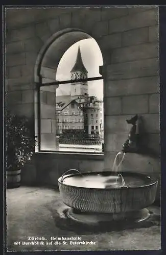 AK Zürich, Heimhaushalle mit Durchblick auf die St. Peterskirche