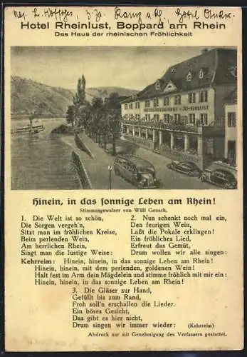 AK Boppard am Rhein, Hotel Rheinlust mit Liedtext Hinein, in das sonnige Leben am Rhein