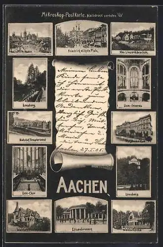 AK Aachen, Gasthaus Waldschenke, Friedrich Wilhelm-Platz, Bahnhof Templerbend, Polytechnikum, Elisenbrunnen