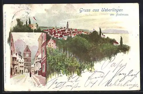 Lithographie Ueberlingen am Bodensee, Tor mit Uhrturm, Ortsansicht