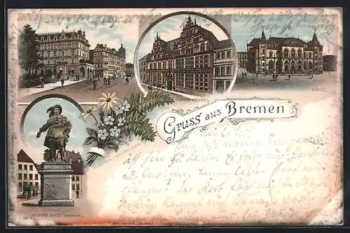 Lithographie Bremen, Hillmann`s Hotel, Gewerbehaus, Börse, Gustav Adolf Denkmal