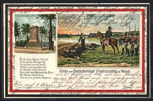 Lithographie Friedrichsfeld bei Wesel, Heldentod Schillscher Offiziere, Denkmal, Gedicht, schwarzweissroter Rahmen