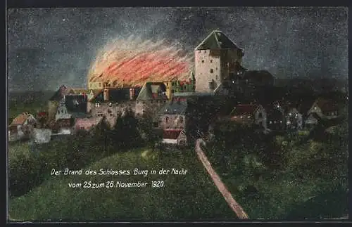 Künstler-AK Solingen, Brand des Schlosses Burg, November 1920, Bausteinkarte