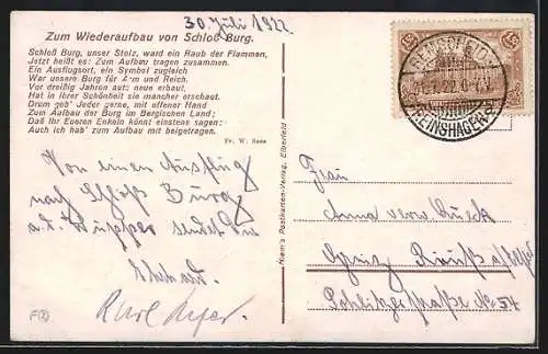 Künstler-AK Solingen, Brand des Schlosses Burg, November 1920, Bausteinkarte