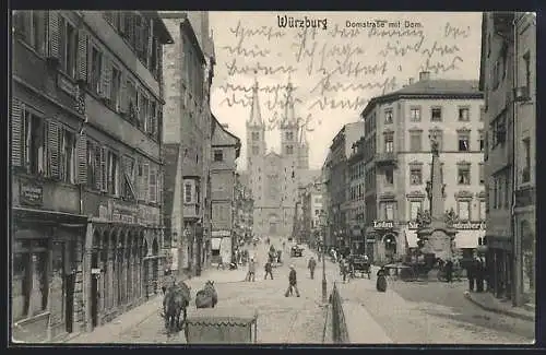 AK Würzburg, Domstrasse mit Dom und Denkmal