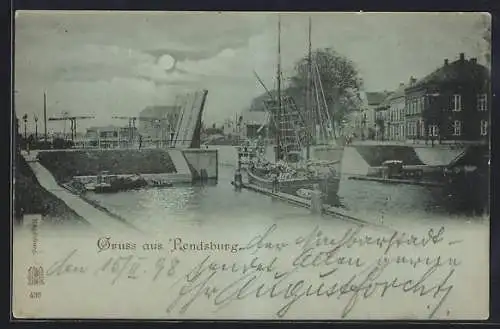 Mondschein-AK Rendsburg, Segelschiff und Klappbrücke