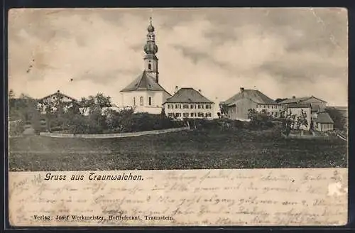 AK Traunwalchen, Ortspartie mit Kirche