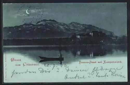 Mondschein-Lithographie Chiemsee, Herreninsel mit Kampenwand