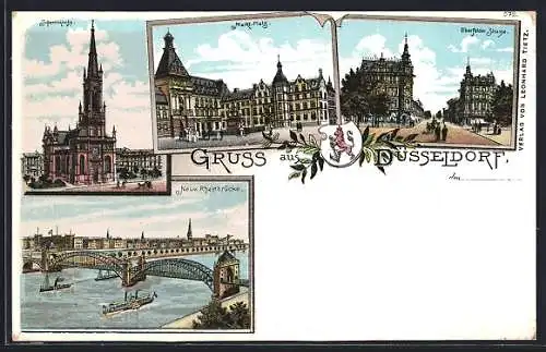 Lithographie Düsseldorf, Johanniskirche, Markt-Platz, Elberfelder Strasse, Neue Rheinbrücke