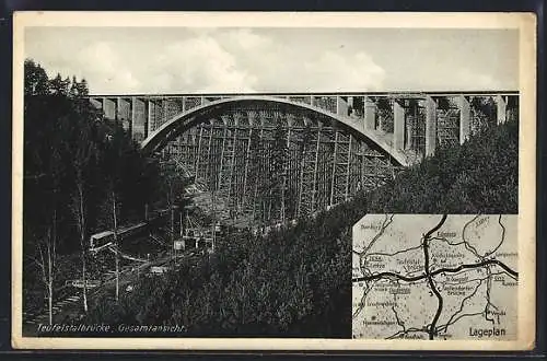 AK Stadtroda, Blick auf die Teufelstalbrücke, kleine Landkarte der Umgebung