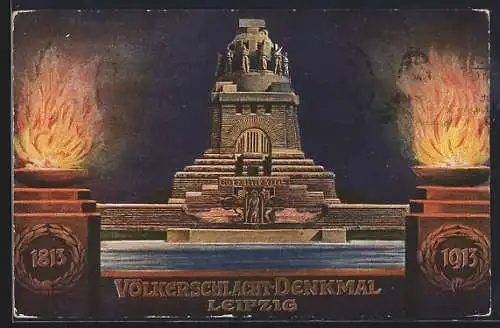 AK Leipzig, Völkerschlachtdenkmal mit Feuerschalen, Ganzsache