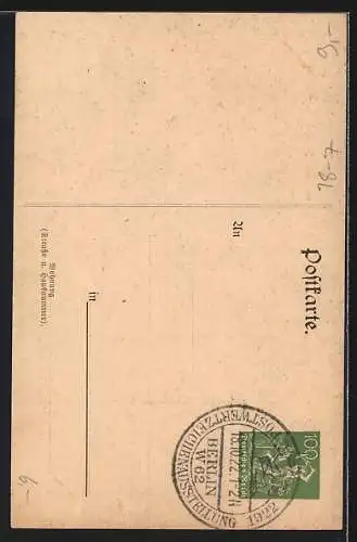 AK Berlin, Postwertzeichen Ausstellung 1922, Relief mit Brieftaube, Ganzsache