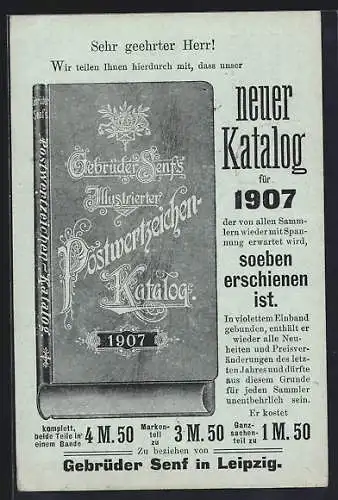 AK Leipzig, Gebrüder Senf`s Illustrierter Postwertzeichen-Katalog 1907, Ganzsache