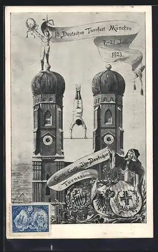 Künstler-AK München, 13. Deutsches Turnfest 1923, Sportler turnen auf der Frauenkirche, Ganzsache