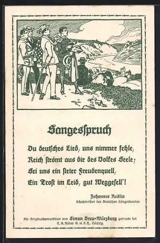 AK Hannover, 9. Deut. Sängerbundesfest 1924, Sangesspruch, Sängergruppe oberhalb einer Ortschaft, Ganzsache