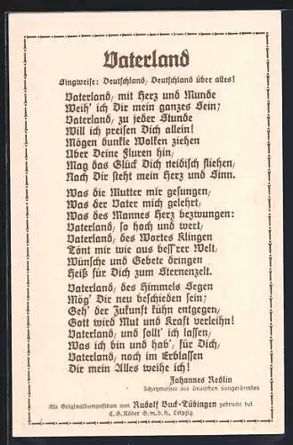 AK Hannover, Neuntes Deutsches Sängerfest 1924, Liedtext Vaterland, Ganzsache