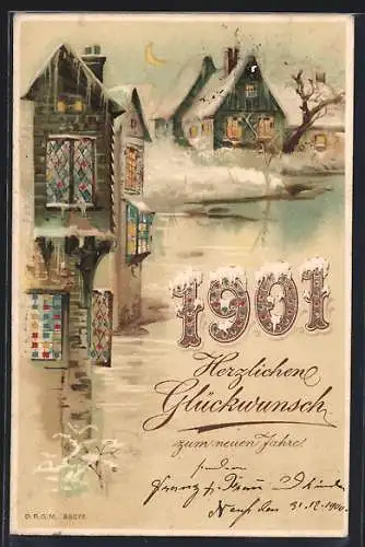 AK Häuser mit leuchtenden Fenstern, Herzlicher Glückwunsch zum neuen Jahre 1901, Halt gegen das Licht