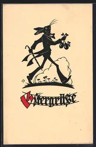 Künstler-AK Oskar Petersen: Osterhase mit Gehstock und Ostereiern