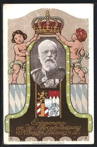 AK Ganzsache PP27 /DL: Erinnerung an die Thronbesteigung König Ludwig III., Portrait, Kinder mit Krone