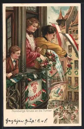 AK Nürnberg, X. Deutsches Turnfest 1903, Frauen am Fenster mit Blumenschmuck, Ganzsache Bayern