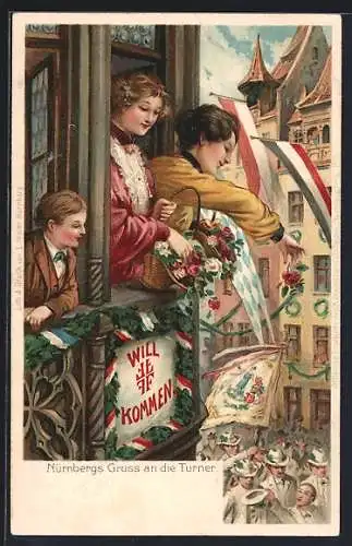 AK Nürnberg, X. Deutsches Turnfest 1903, Frauen am Fenster mit Blumenschmuck, Ganzsache Bayern