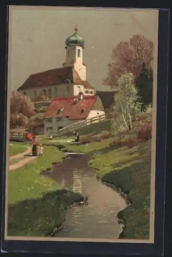 Künstler-Lithographie Paul Hey: Spaziergänger am Bach im Frühling