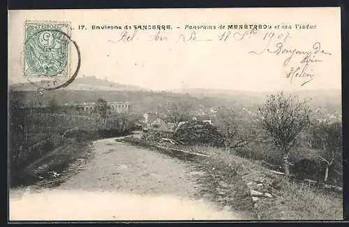 AK Menetréol, Panorama et viaduc visibles depuis le chemin rural