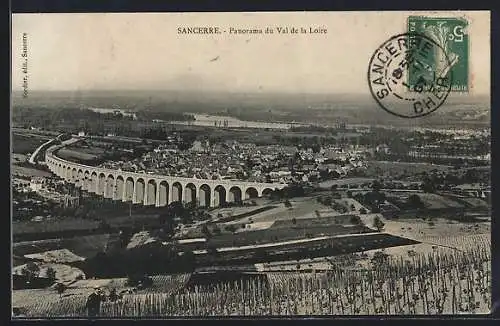 AK Sancerre, Panorama du Val de la Loire avec viaduc et vignobles en arrière-plan