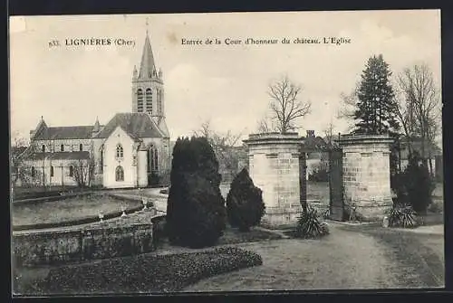 AK Lignières, Entrée de la Cour d`honneur du château et l`église