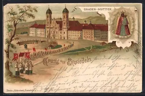 Lithographie Einsiedeln, Procession vom Kloster, Bildnis Gnaden-Mutter