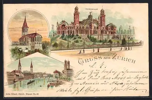 Lithographie Zürich, Tonhalle, Kirche, Teilansicht um 1900