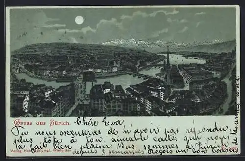 Mondschein-Lithographie Zürich, Panorama der Stadt bei Nacht