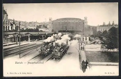 AK Zürich, Dampfloks fahren aus dem Hauptbahnhof aus