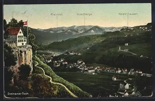 AK Thal /SG, Steinerner Tisch, Gasthaus mit Blick auf Rheineck, Vorarlberge und Walzenhausen