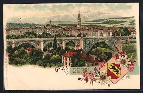 Lithographie Bern, Ortsansicht mit Brücke, Kirche, Häuser und Landschaft, Wappen, Edelweiss