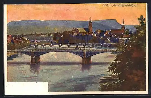 Künstler-AK Basel, Blick auf die drei Rheinbrücken