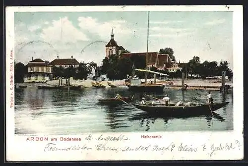 AK Arbon am Bodensee, Hafenpartie mit Booten