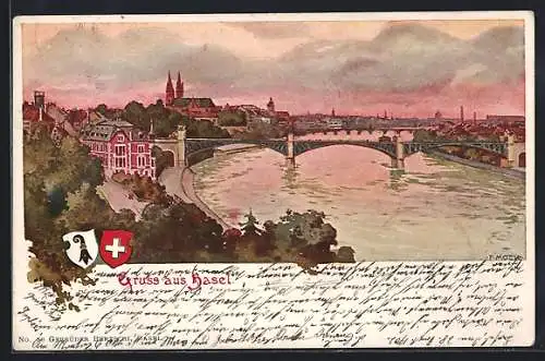 Künstler-AK Basel, Teilansicht mit Münster und Brücke