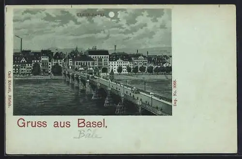 Mondschein-Lithographie Basel, Klein-Basel bei Nacht