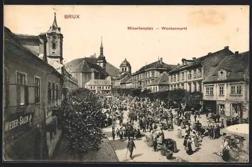 AK Brüx / Most, Wochenmarkt auf dem Minoritenplatz