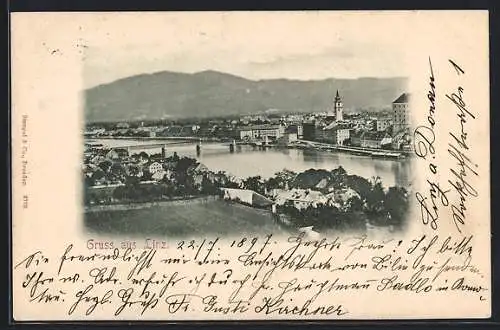 AK Linz, Uferpartie mit Brücke