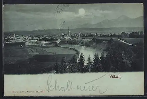 Mondschein-AK Villach, Teilansicht mit Brücke