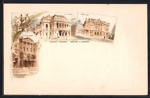 Lithographie Budapest, Szinhazak Théâtres, Hepszinhaz, Nemzeti Szinhaz